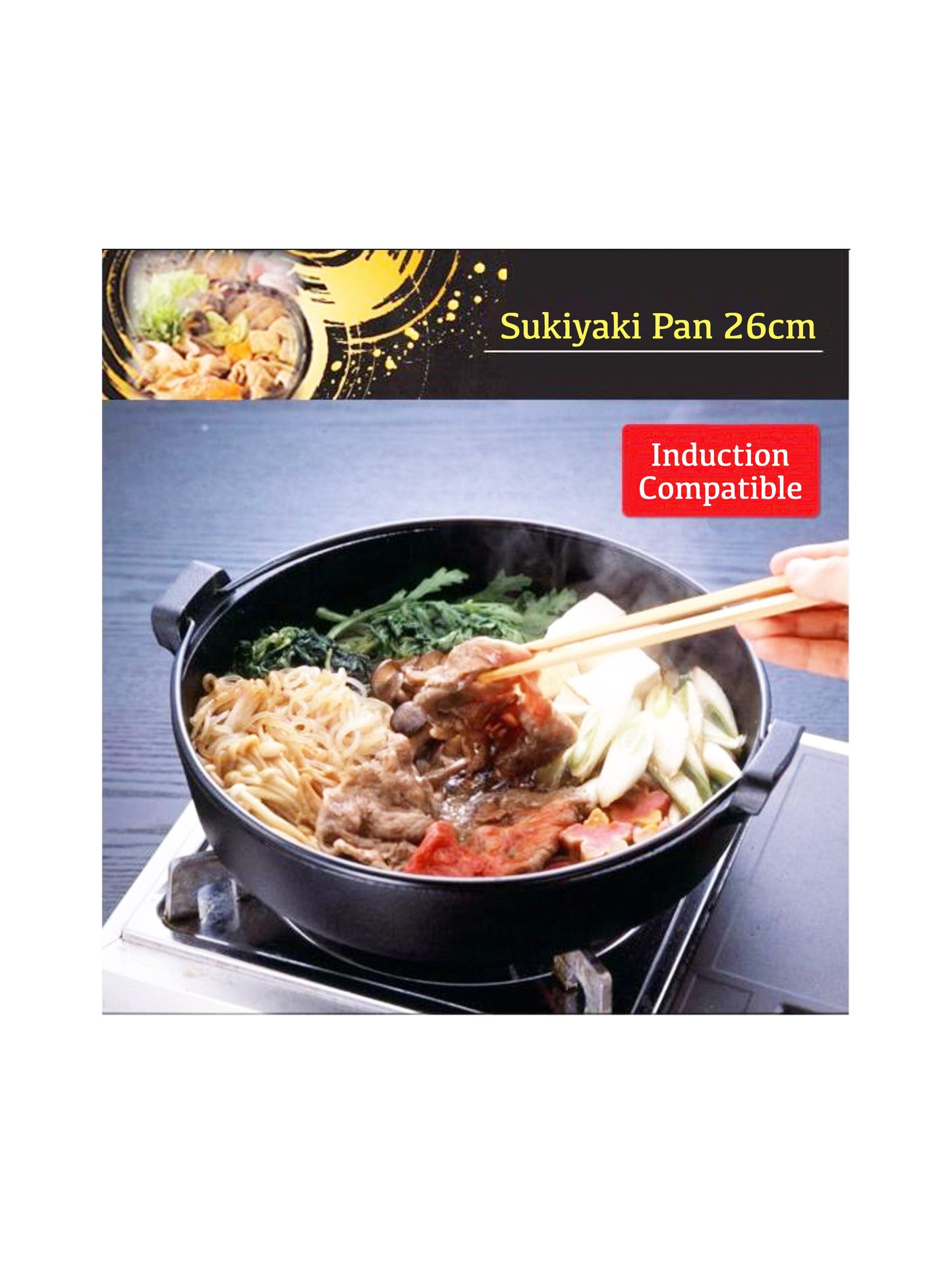 Japanese Cast Iron Sukiyaki Pot Pan with Wooden Lid 26cm | WISTOS