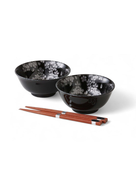 Small Noodle Bowl Set Pair with Chopsticks Sakura Black