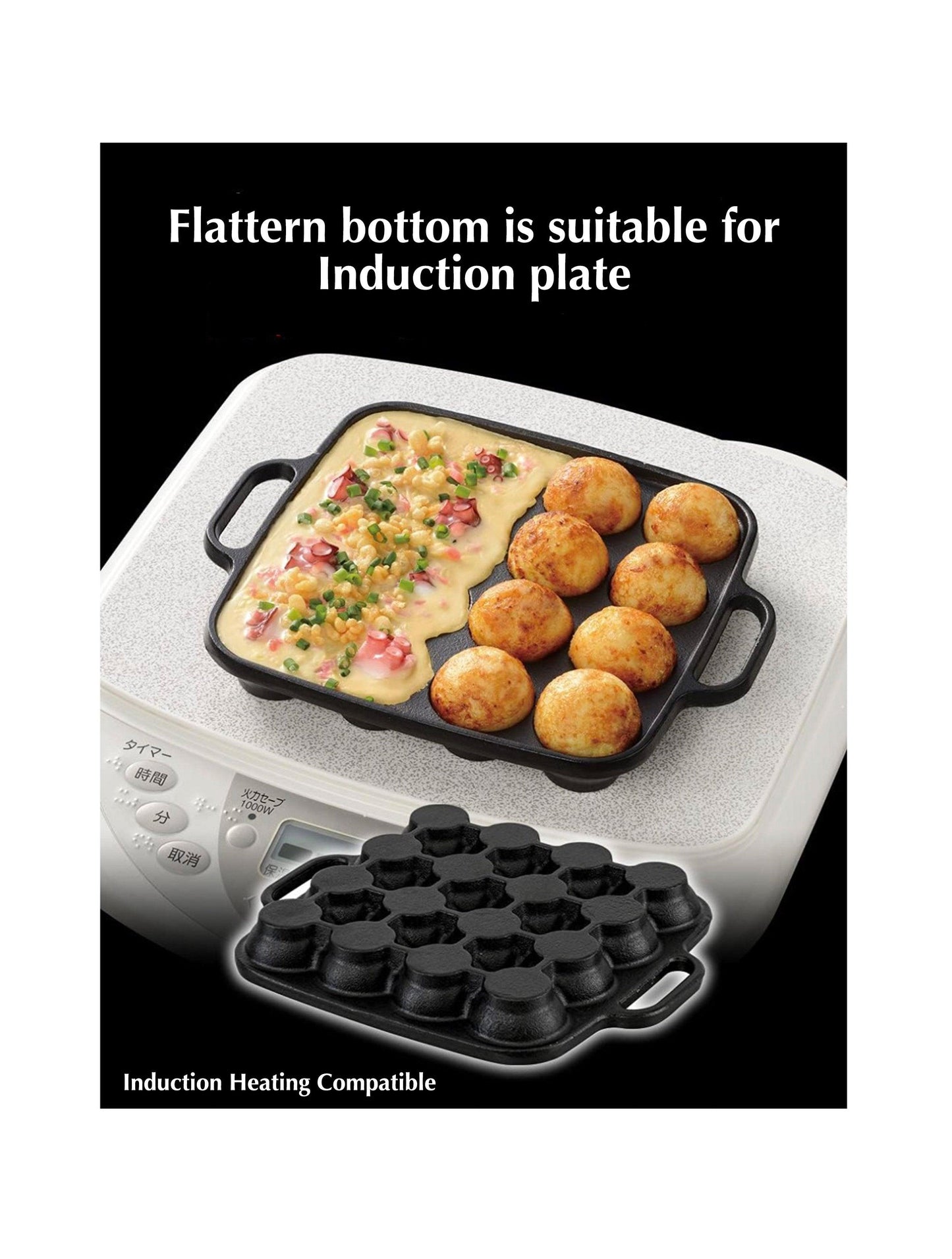 Mini Dutch Pancakes Pan Takoyaki Plate Cast Iron 16 holes, Induction Compatible