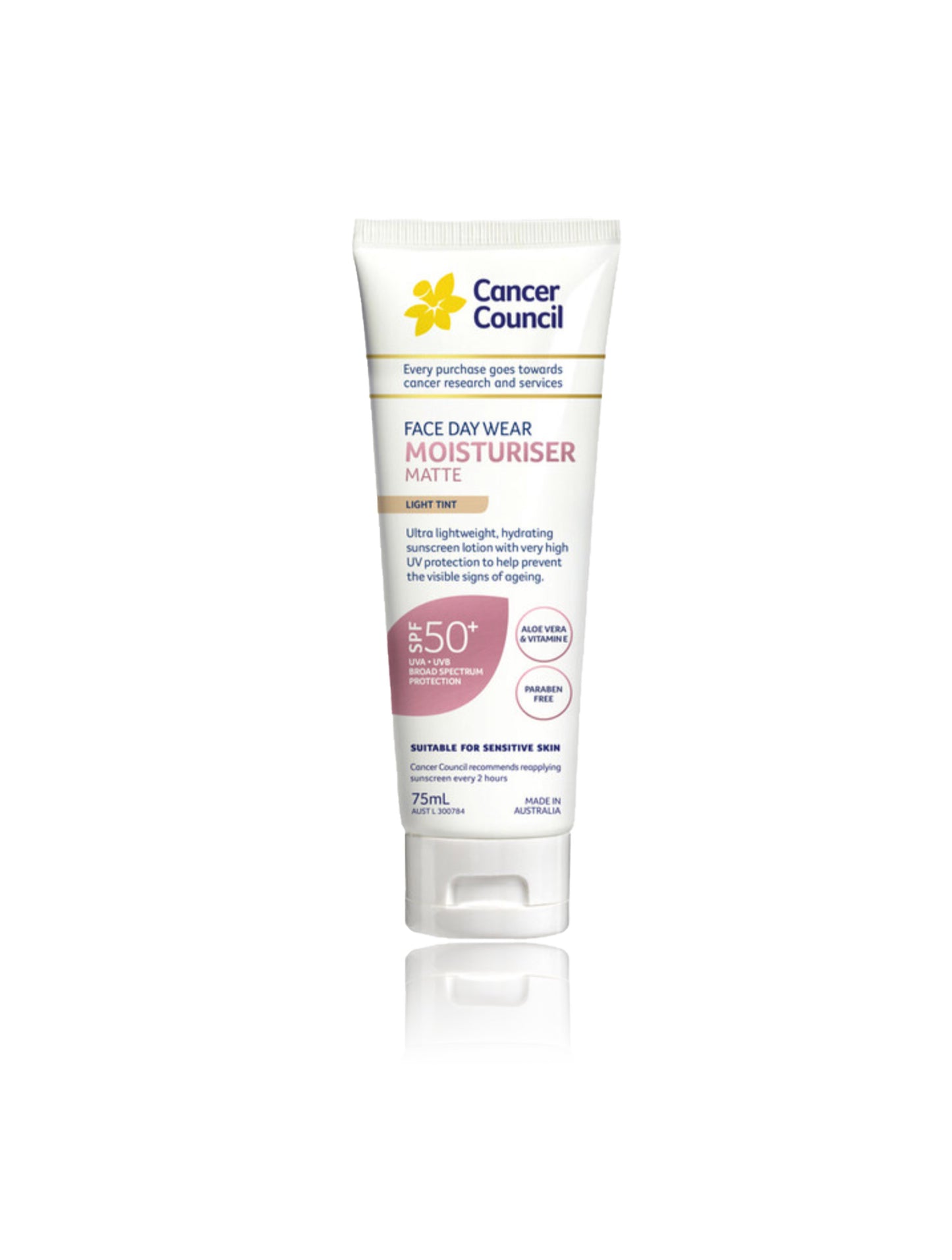 Cancer Council Face day Wear Moisturiser Matte Light Tint  SPF 50+ 75ml (Exp Sep 24)