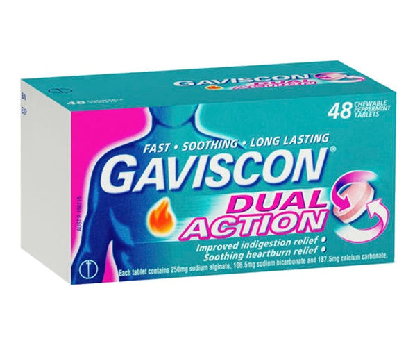 Gaviscon Dual Action Heartburn & Indigestion Peppermint Flavour 48 Chewable Tablets (Expired Feb2024)