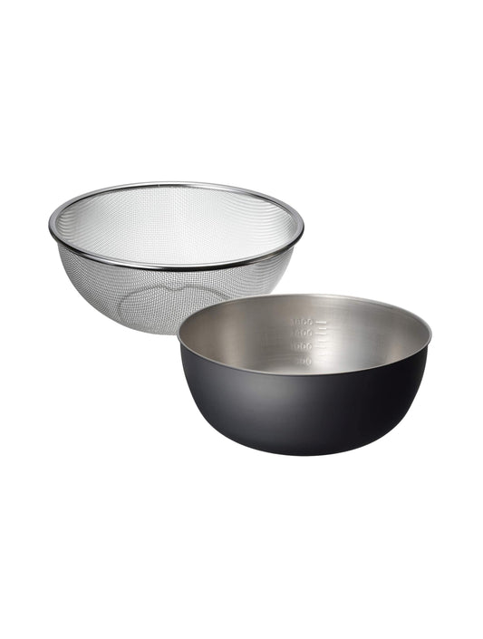 Okatte - Black Baking Finish Stainless Bowl & Fine Mesh Strainer Set